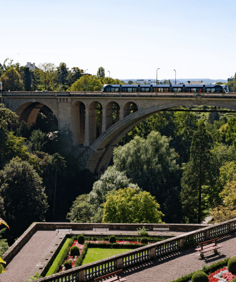 Luxembourgs Skyline mit Brücke und Bäumen, im Vordergrund Parkanlage mit Luxemburg-Landesfahnen und Europafahnen