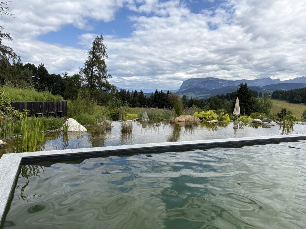 Großer Outdoorpool mit Bergpanorama in Südtirol vom Hotel Pfösl